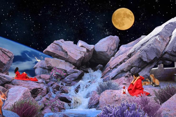 Digital illustration by Allison Maria Rodriguez that depicts two people on either side of the banks of a river under a full moon night.