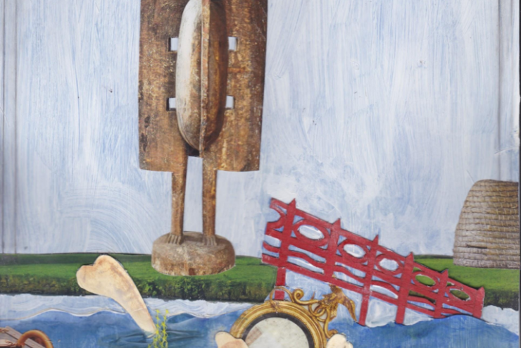 Painting by Nyugen Smith that features broken bones, mirrors, a suitcase floating in water. On the grass, a lamp and sculpture stand against a white background.