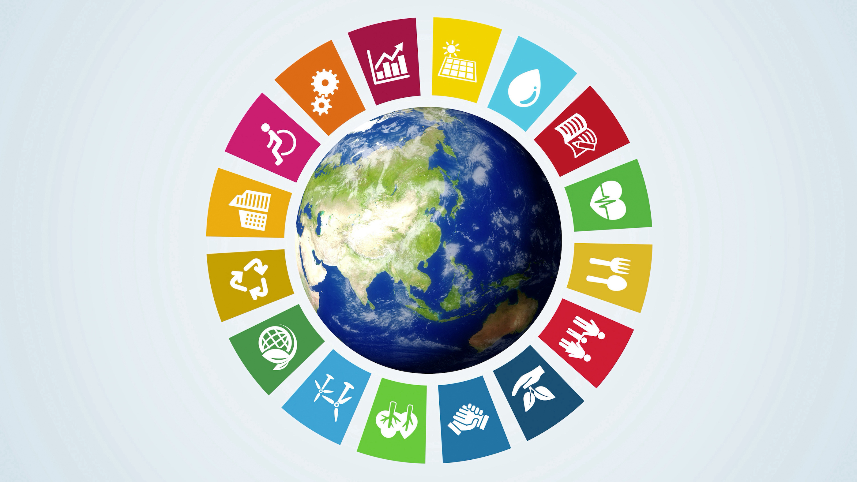 A variety of colored graphics surrounding the Earth