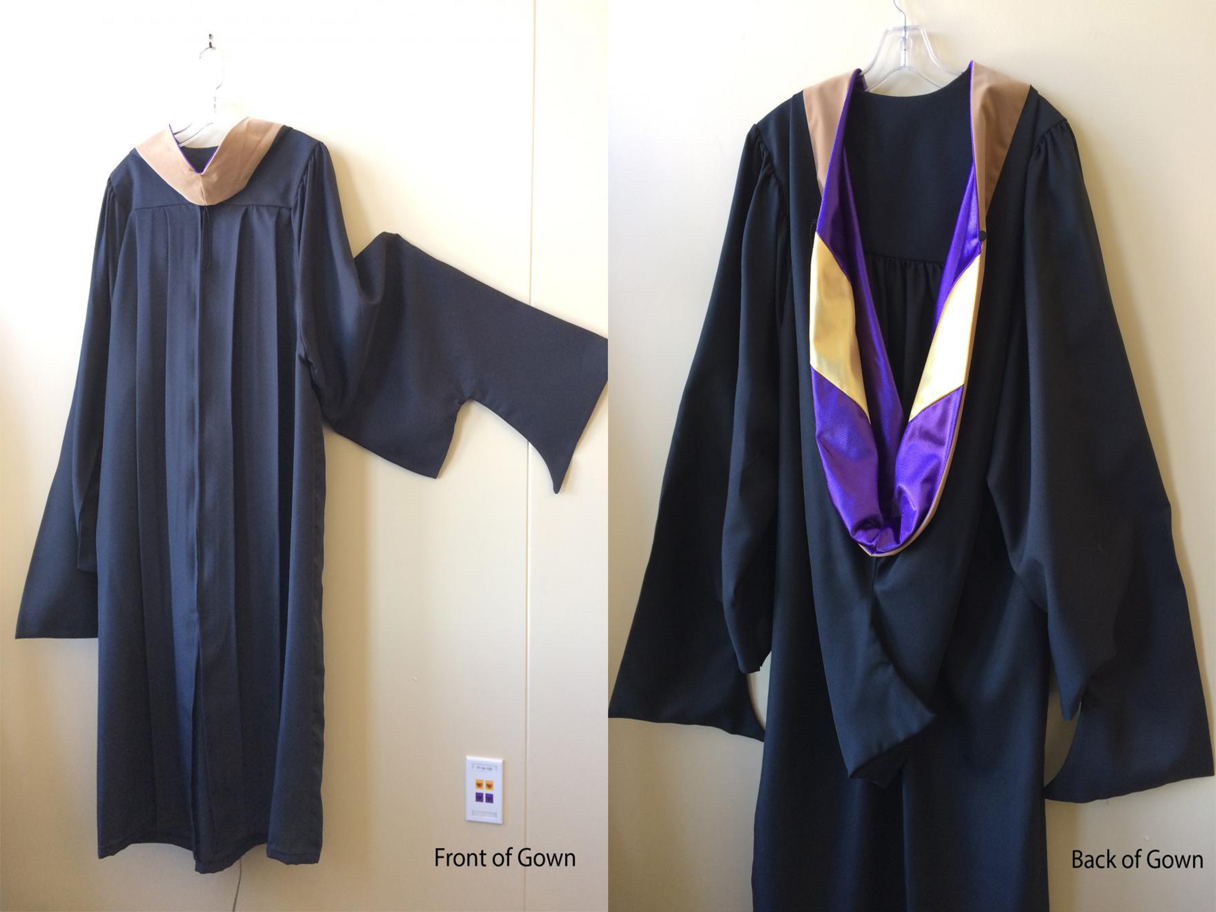 The front and back of the graduate regalia clothing 