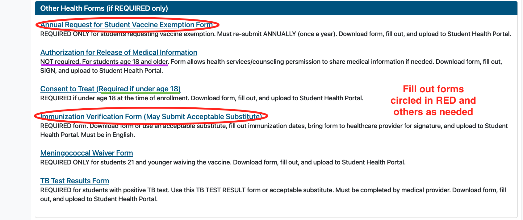 Instructions for the second step of the student health portal