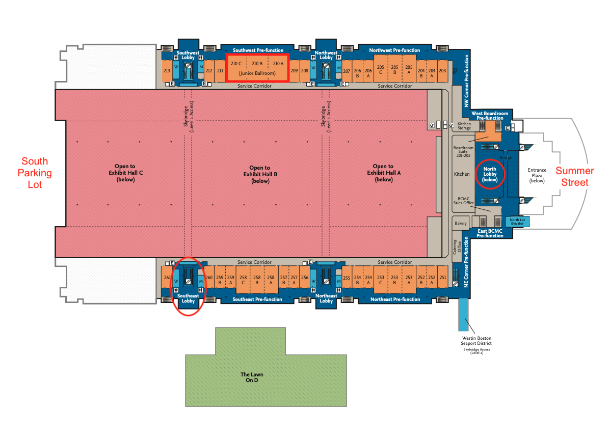 Floor plan showing the location of meeting room 210 on the southeast side of the building.