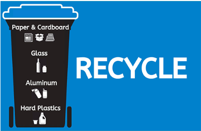 recycling bin on blue background, text reads paper & cardboard, glass, alumininum, hard plastics