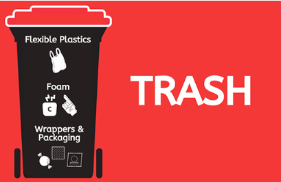trash bin on red background, text reads flexible plastics, foam, wrappers & packages