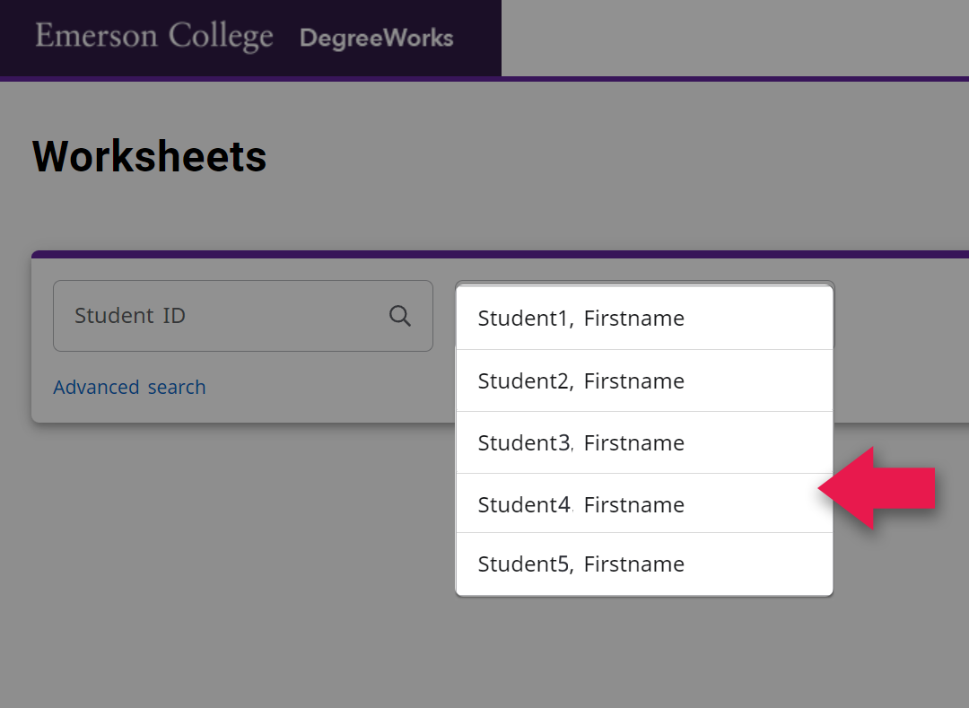 Screenshot of DegreeWorks advisee student selection dropdown menu to show how to select a student and see their degree audit. 