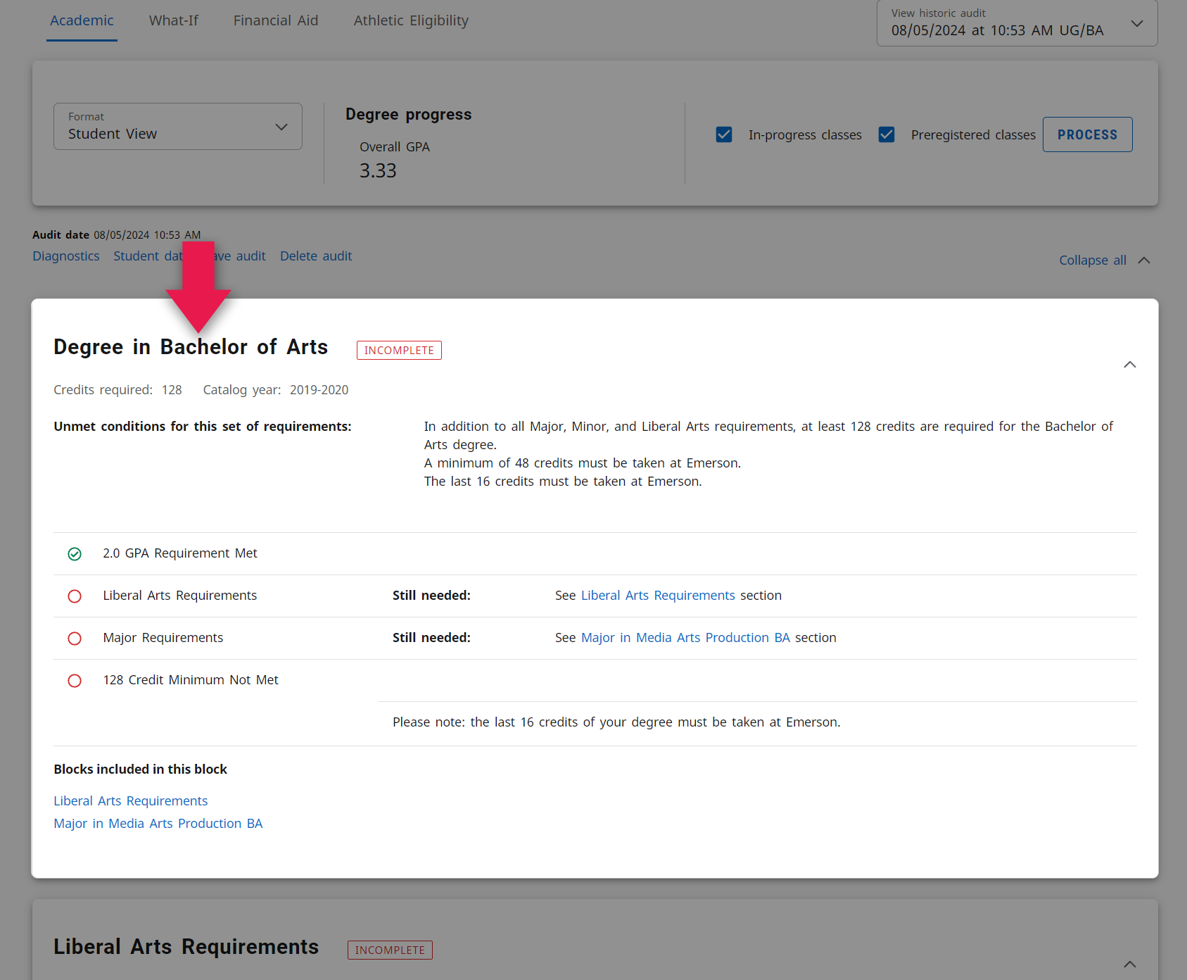 Screenshot of DegreeWorks degree requirement block to show where this information can be found on the audit page.