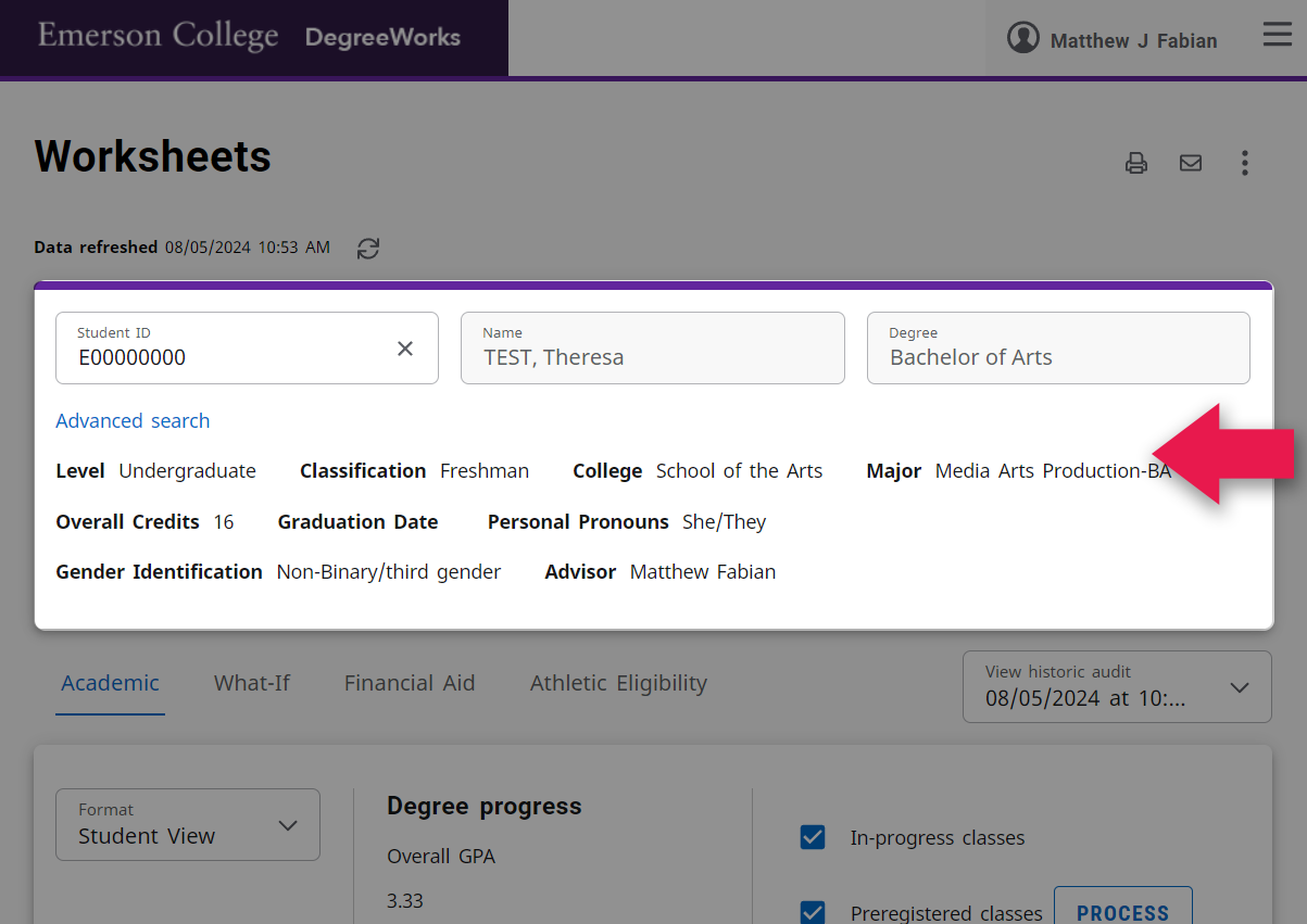 Screenshot of DegreeWorks student information block to show where basic student information can be found on the audit page.