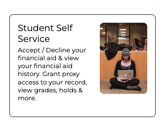 Student Self Service block featuring a students sitting with a laptop in the Iwasaki Library