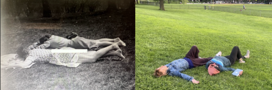 Side-by-side images showing two pairs of people lying on the grass. On the left, an old black-and-white photo shows two women lying close together on a blanket in a park. On the right, a modern color photo recreates the same pose, with two people lying on the grass in similar positions, one holding a book.