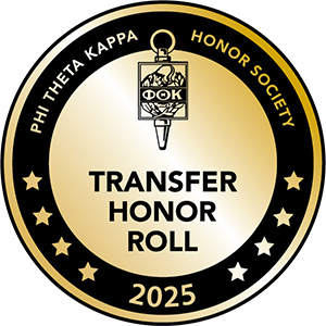 gold and black seal reads Phi Theta Kappa Honor Roll Society Transfer Honor Roll