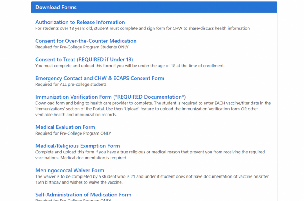 All downloadable medical forms shown in list format on Emerson's Health Portal