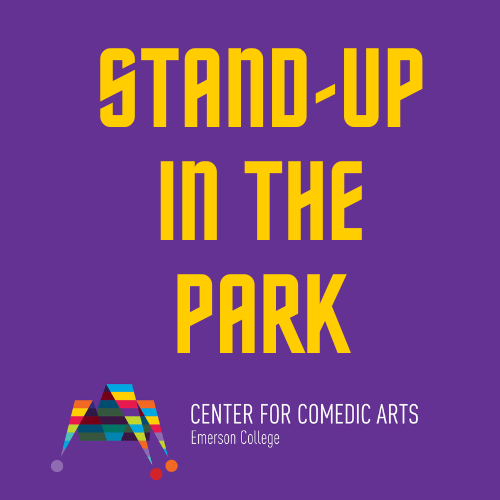 Stand-Up in the Park in yellow text on purple background