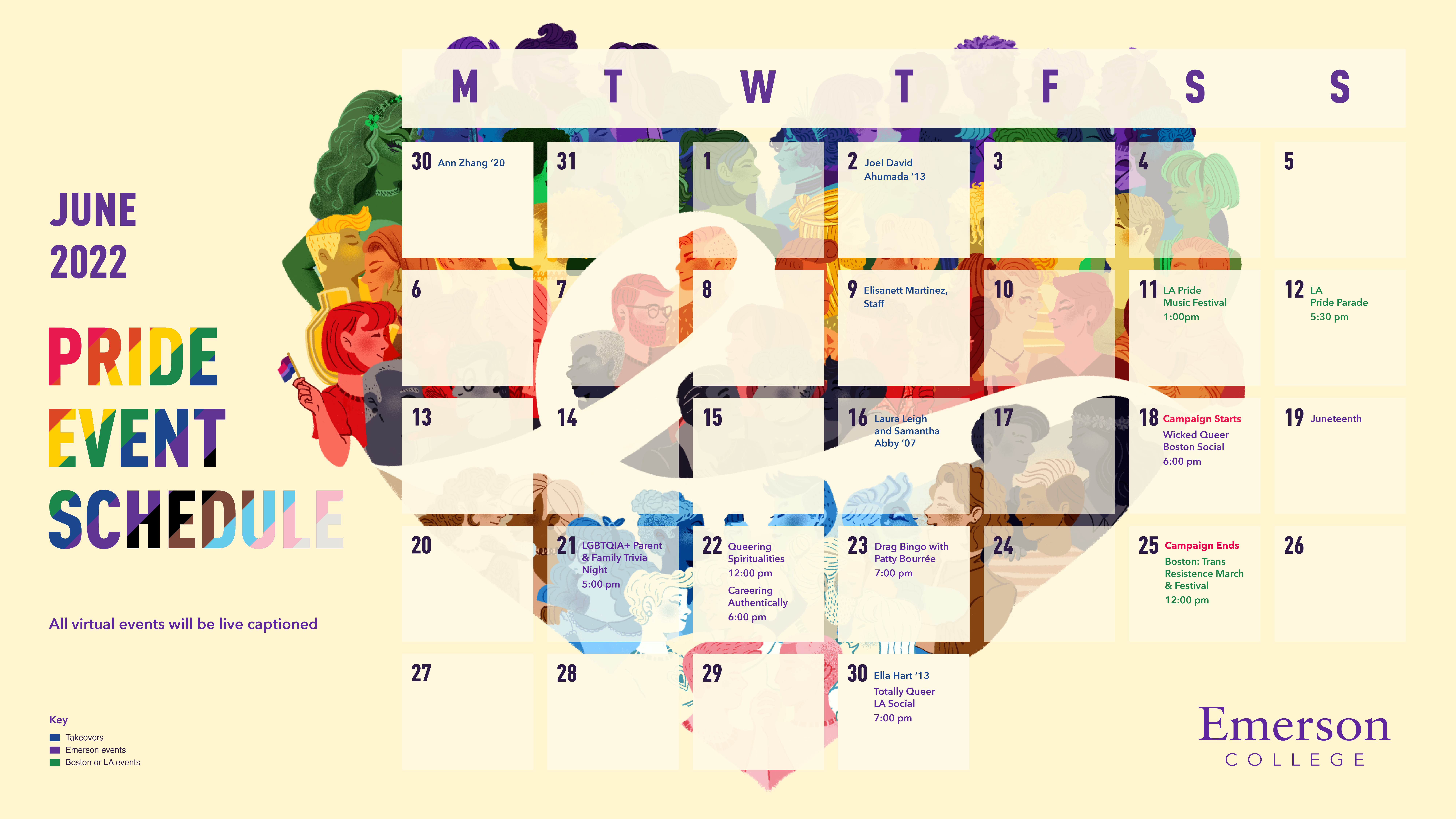 Calendar graphic for Emerson College's June 2022 Pride Event Schedule. All virtual events will be live captioned. The background features an illustrated heart with a variety of people set in a rainbow gradient; a cursive "e" stretches across the middle of the heart, behind the calendar squares.
