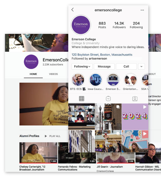 Screenshots of Emerson College's YouTube and Instagram accounts