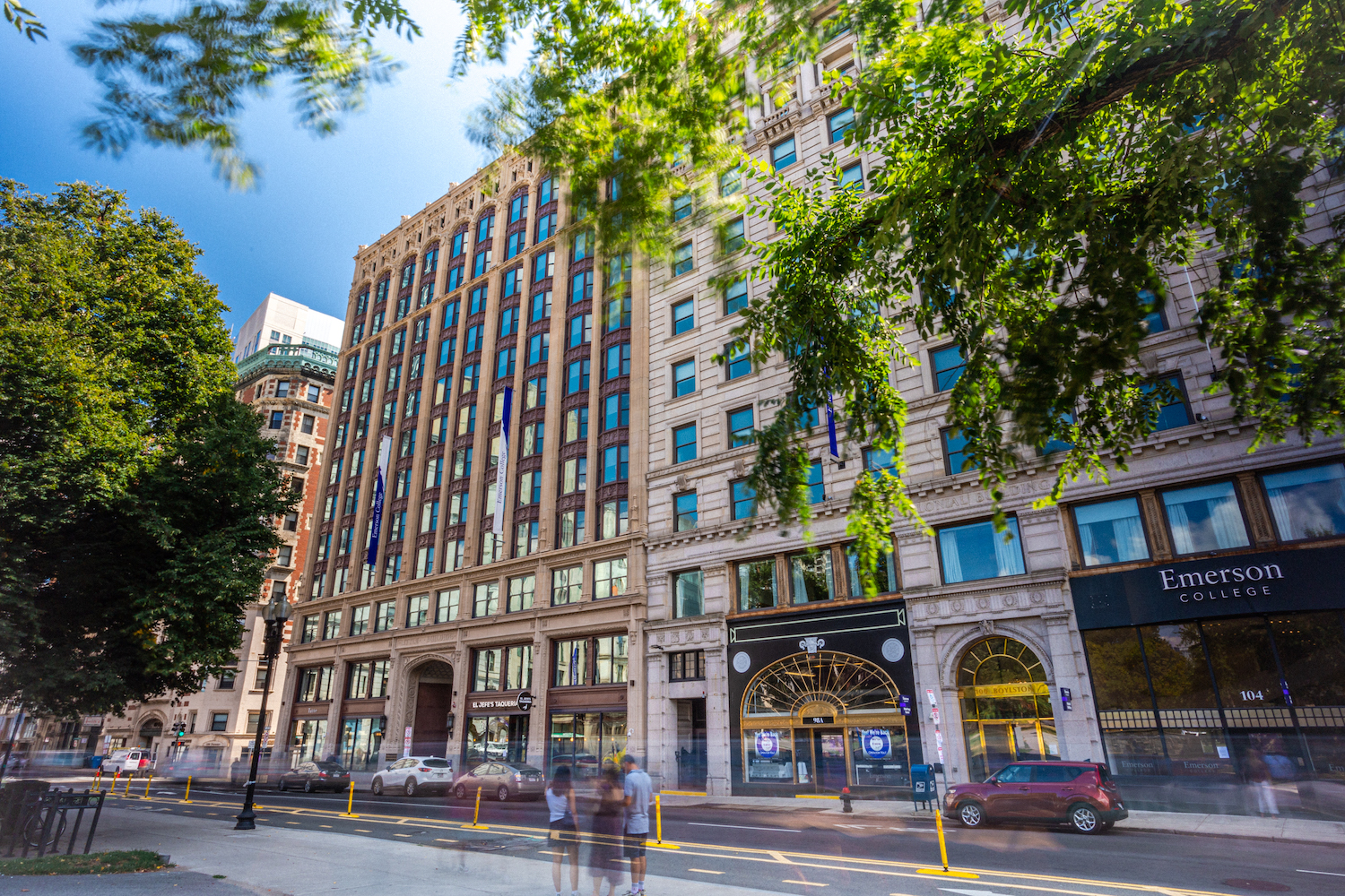 A photo of the Emerson College buildings from the other side of Boylston Street