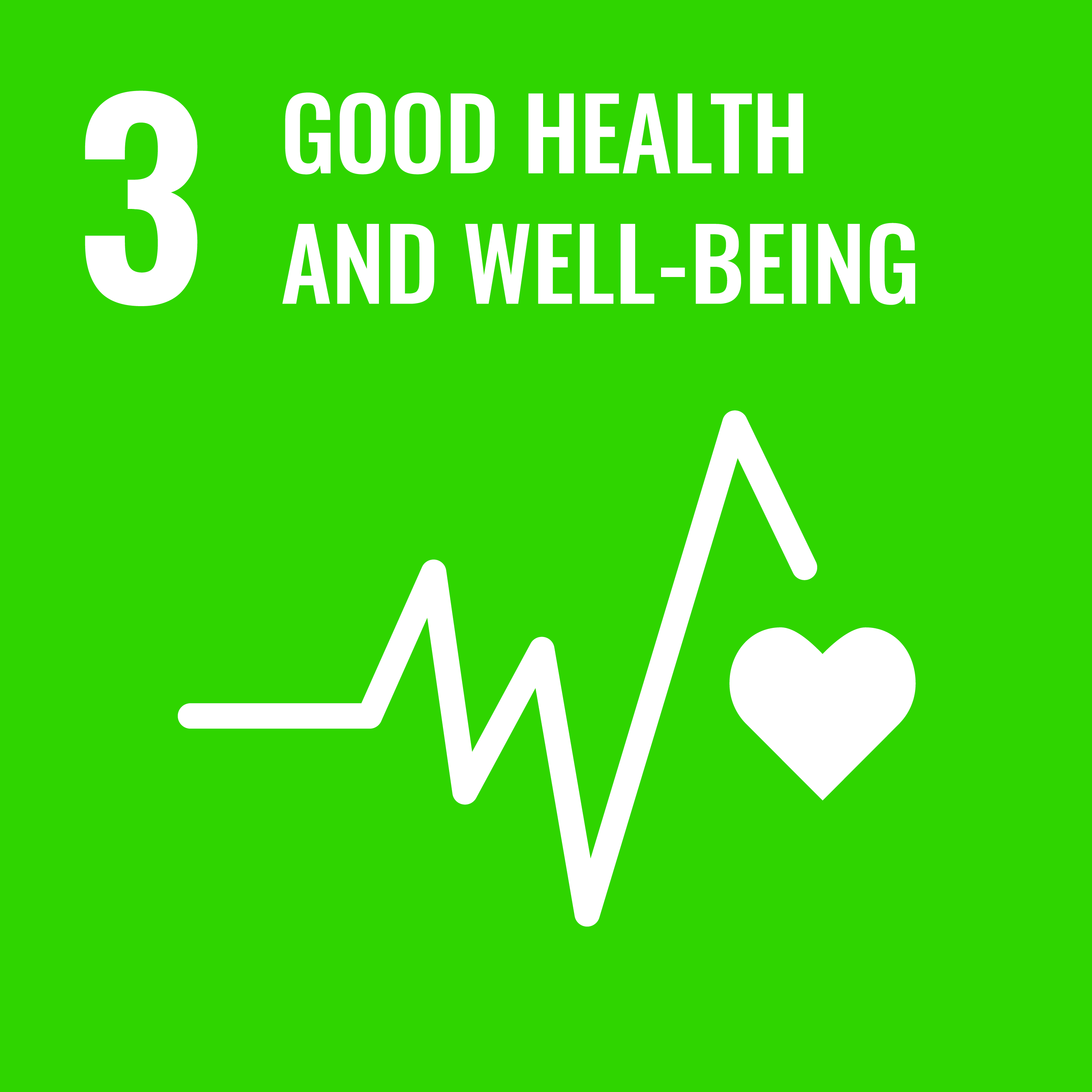 A green icon depicting a heart pulse and the text "3: Good health and well-being"
