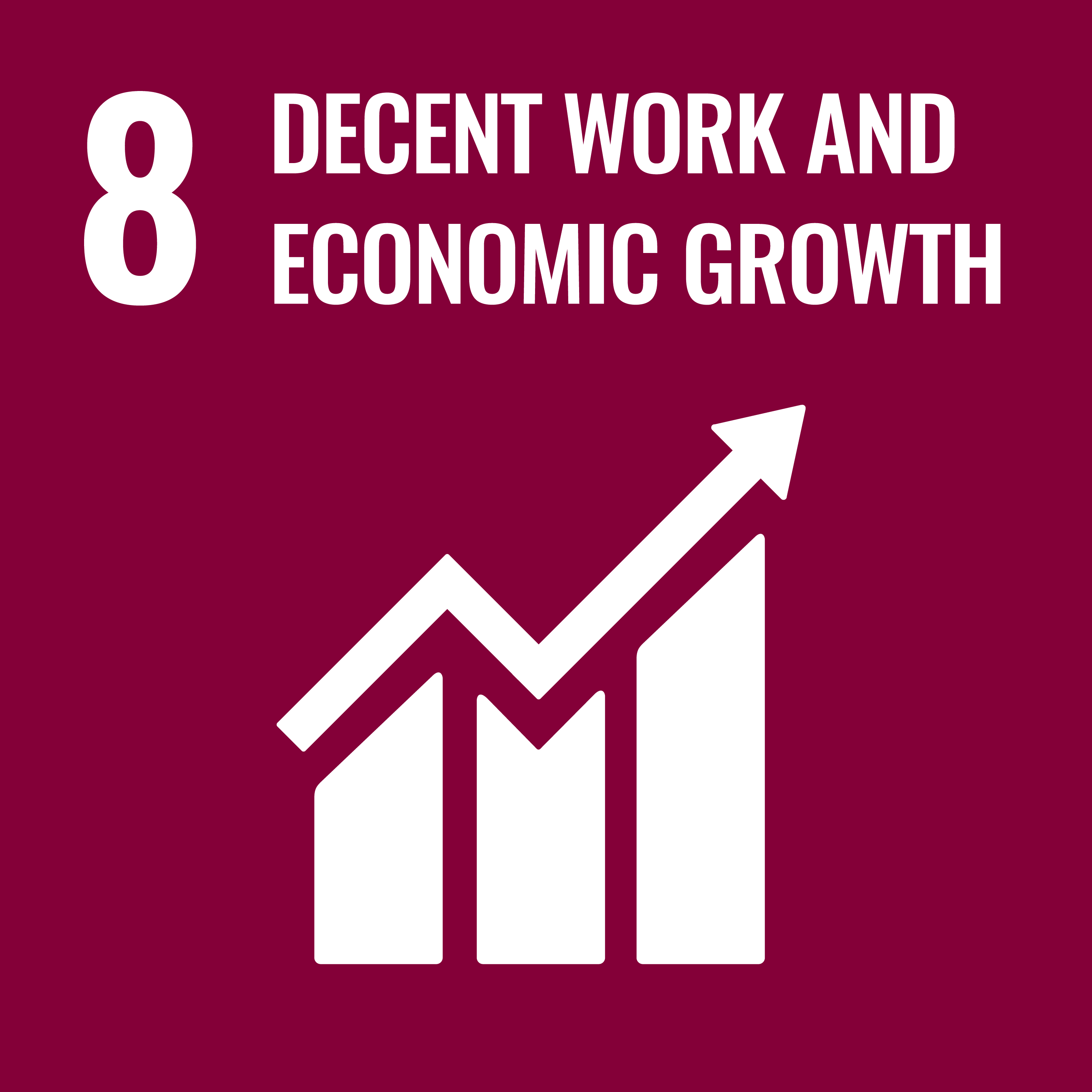 A red icon depicting a graph and the text "8: Decent work and economic growth"
