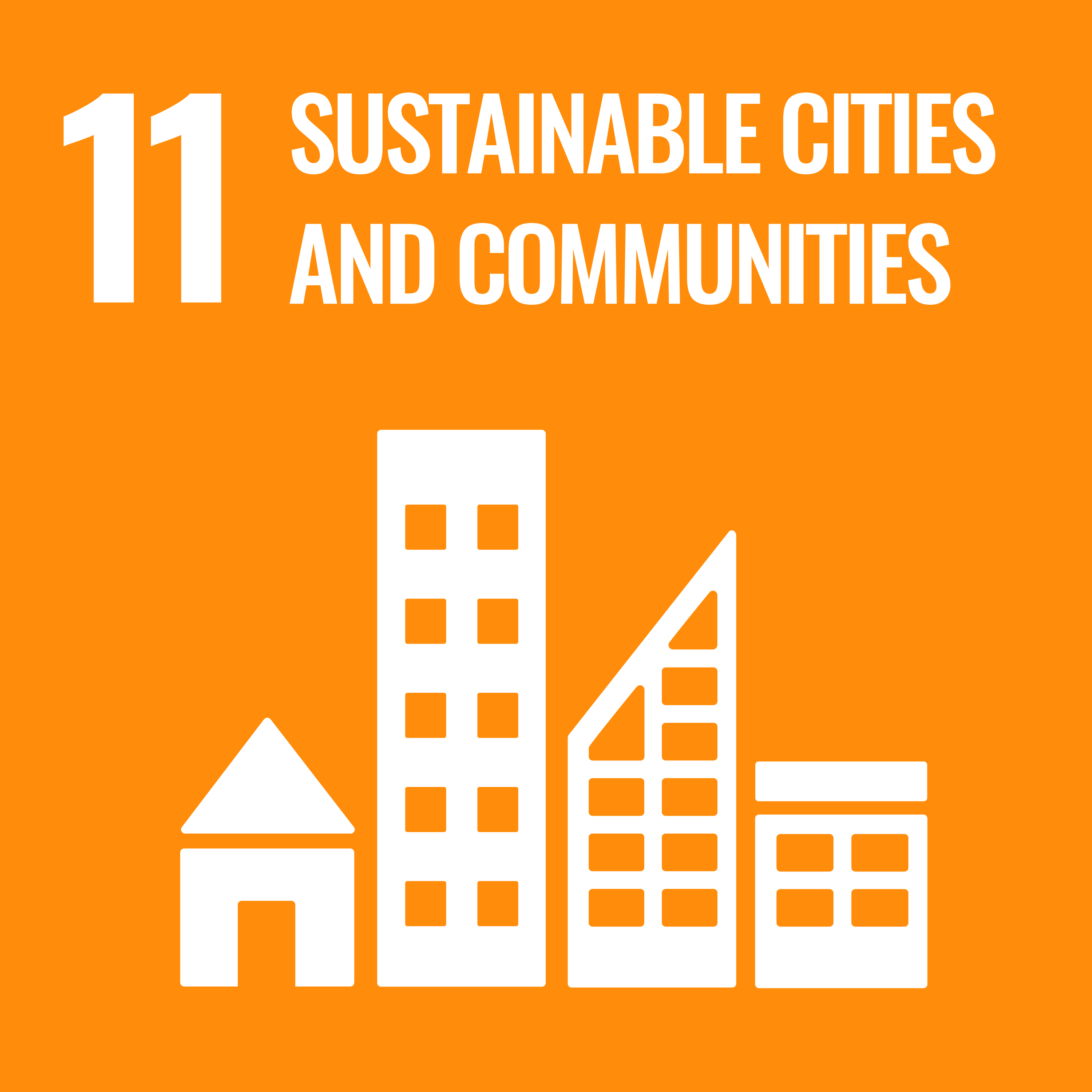 A yellow icon depicting four buildings and the text "11: Sustainable cities and communities"