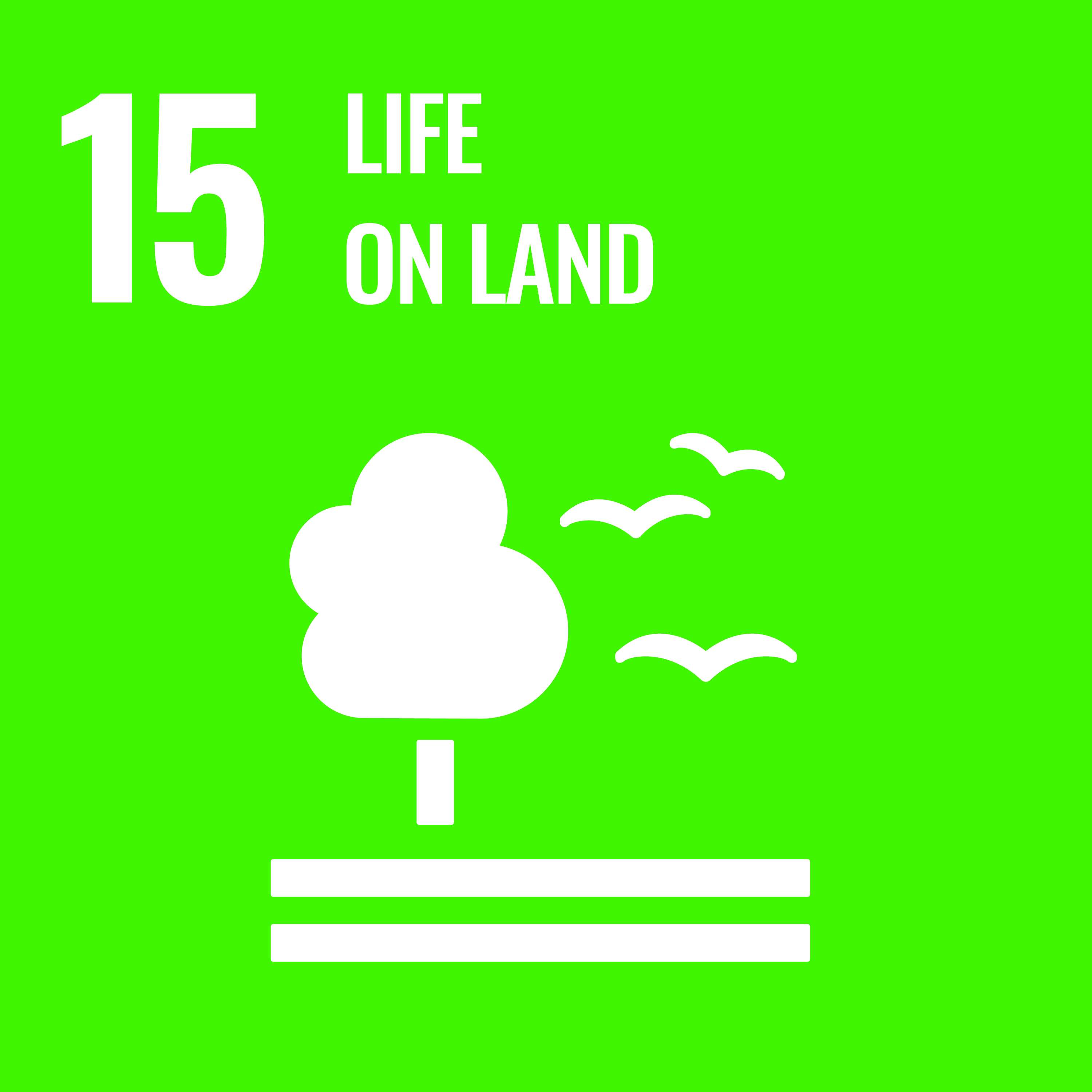 A green icon depicting a tree with birds in flight and the text "15: Life on Land"
