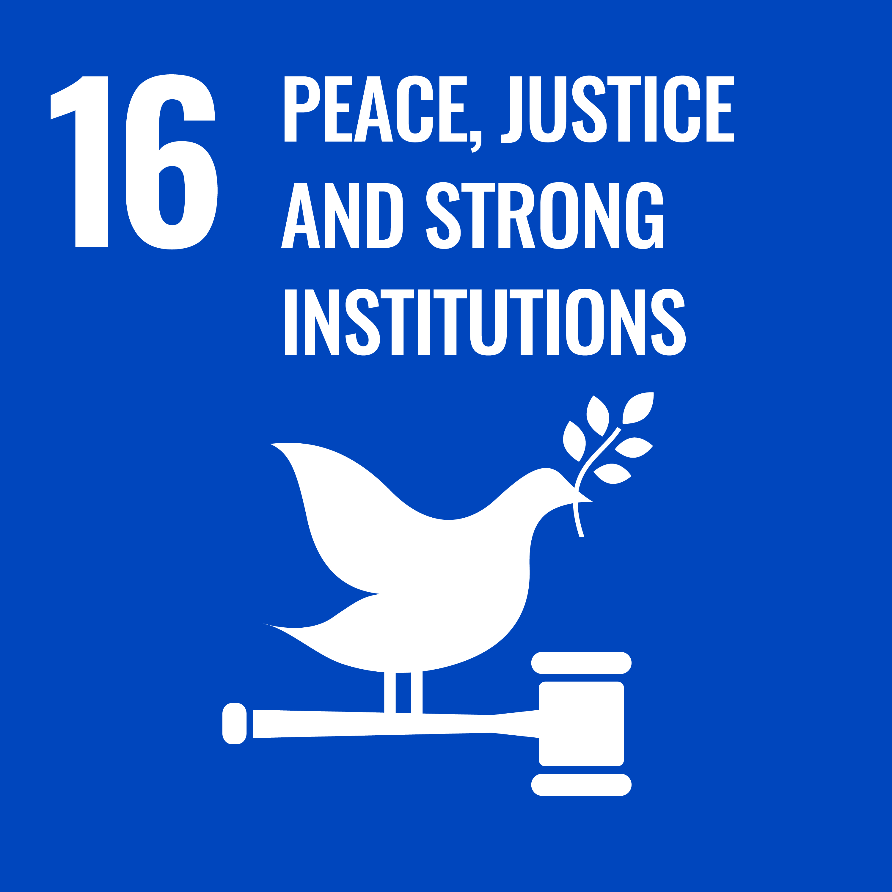 A blue icon depicting a dove on a gavel and the text "16: Peace, justice and strong institutions"