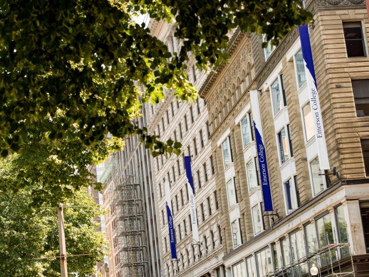 Emerson College flags on side of building