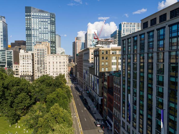 An overhead view of Boylston Street, featuring common Emerson buildings