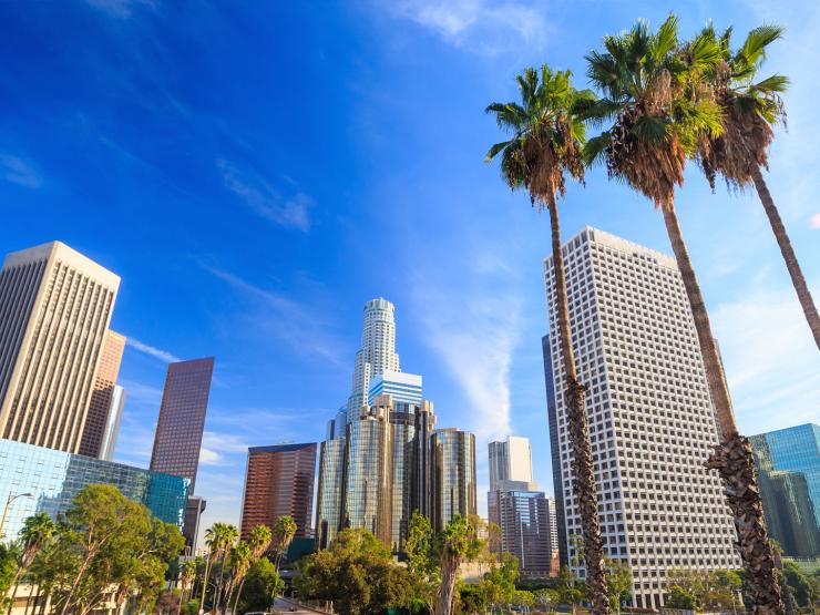 An upward angle of the Los Angeles skyline