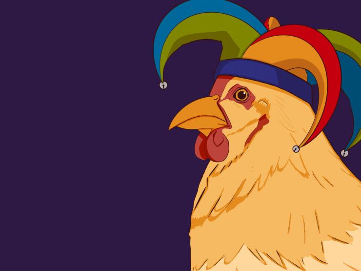 Illustration of a chicken wearing a jester hat