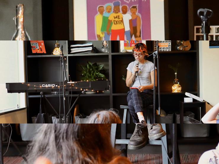 A student speaking in an intimate group session