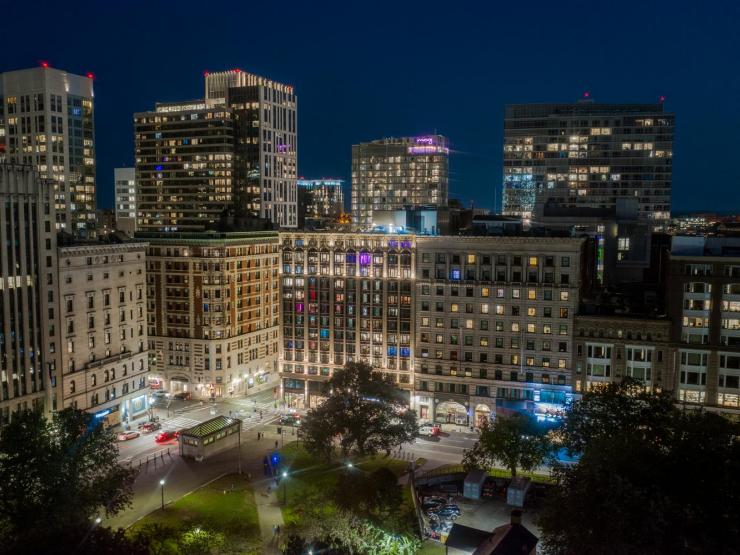 Drone view of Boston Campus at night