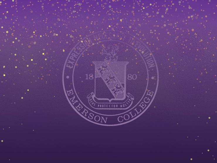 Emerson College crest on a purple background, gold flecks rain down
