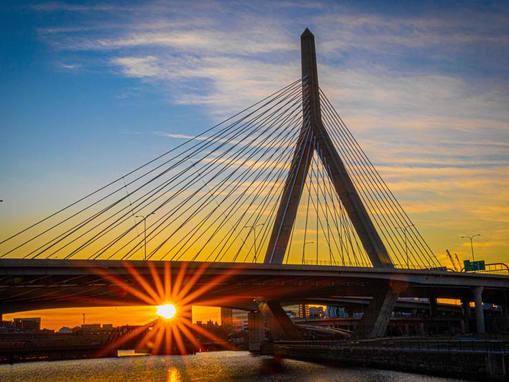 Evening photograph of the Zakim Bridge in Boston