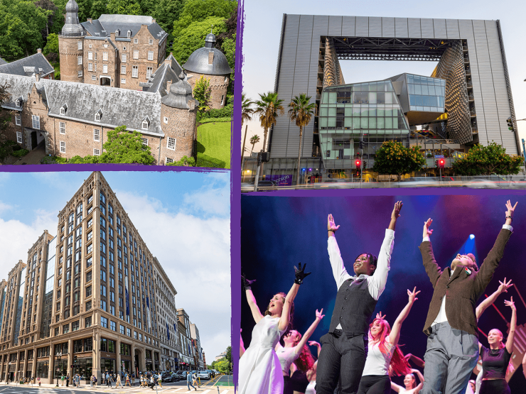 A collage of photos, starting at right and going clockwise, of Emerson College campus buildings, including: Emerson College Los Angeles, Kasteel Well, and our flagship Boston location on Boylston Street. Also included is a still from an EVVY Awards performance.