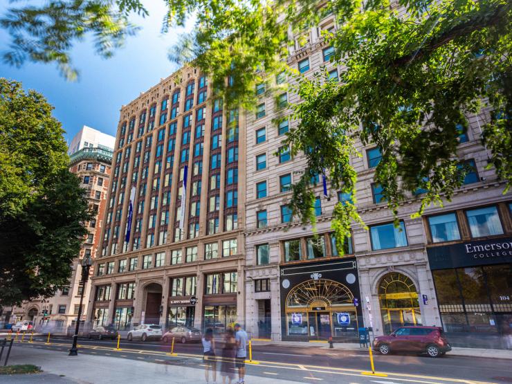 A view of the Emerson College Little Building on Boylston Street in Boston on a clear, bright summer day