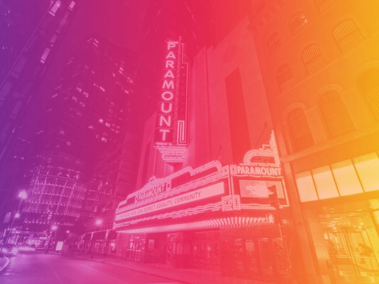 The Paramount Theater in Boston with a colorful gradient overlay