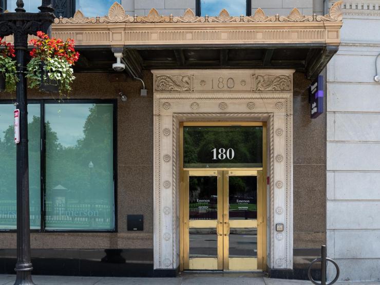 The doorway to the Ansin Building at 180 Tremont Street, a segment of Emerson College's vertical campus