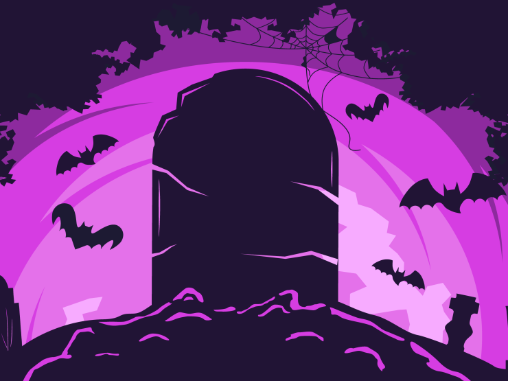 An illustration of a tombstone with silhouettes of bats and jack o'lanterns surrounding it.