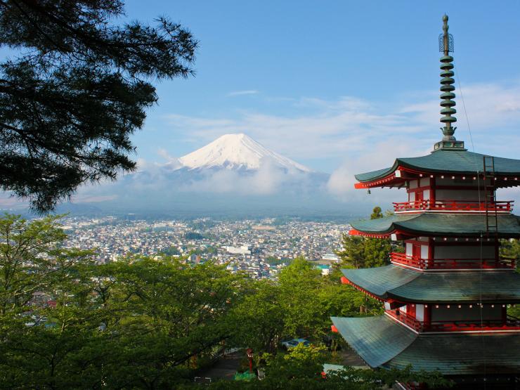 Sprawling landscape of Mount Fuji and Chureito Pagoda