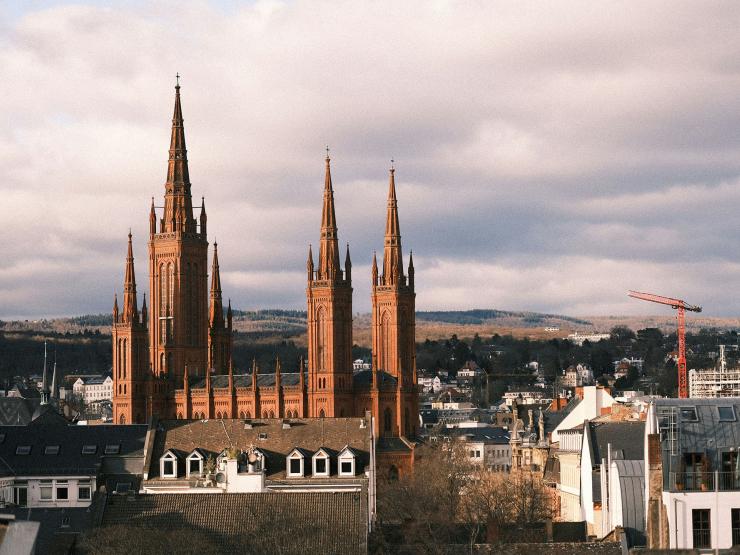 church with steeple in downtown Wiesbaden