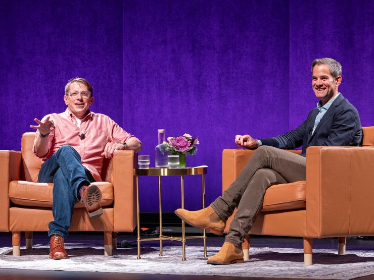 Emerson alumnus Seth Grahame-Smith seated next to interviewer during his masterclass