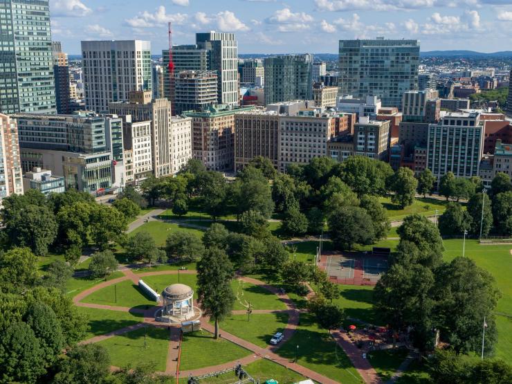 Aeria view of the Boston Common and Emerson's buildings along Boylston street
