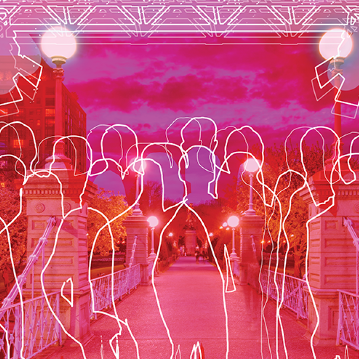 A photo of the bridge in the Boston Public Garden with a pink filter and white outlines of silhouettes and lighting trusses overhead