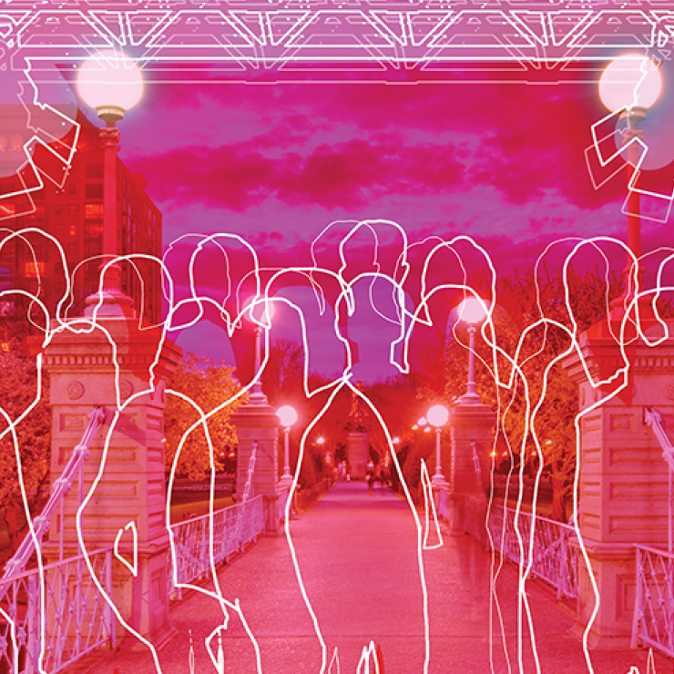 A photo of the bridge in the Boston Public Garden with a pink filter and white outlines of silhouettes and lighting trusses overhead 