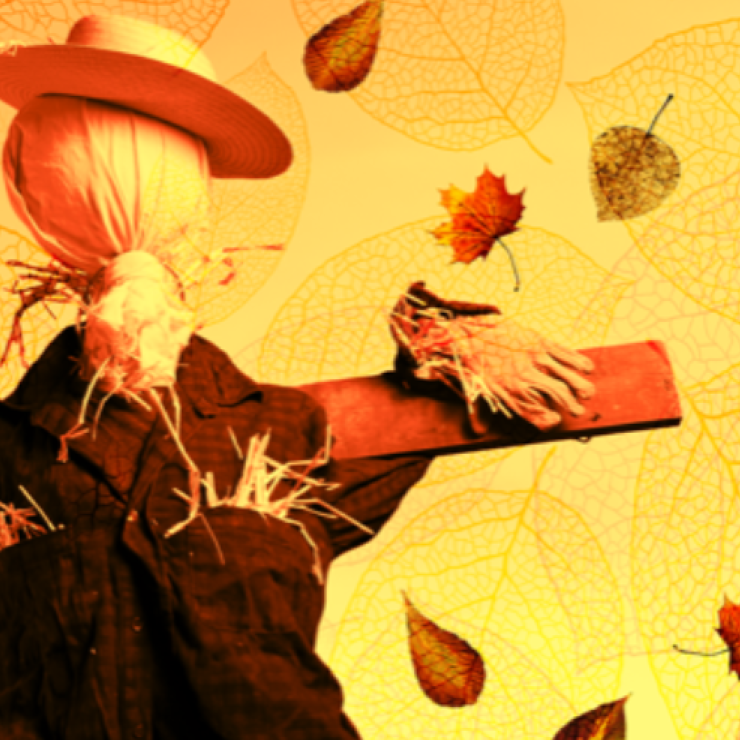 A scarecrow amongst fallen leaves and a yellow background