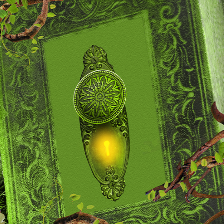 A green book with a glowing keyhole on the cover