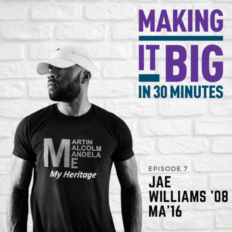 Jae Williams posing next to the "Making It Big" logo