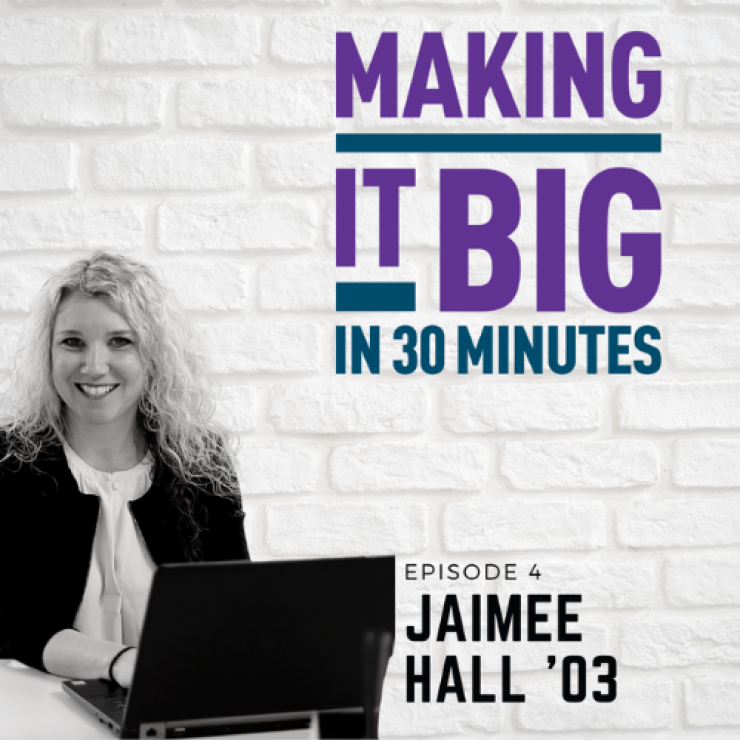 Jamie Hall posing next to the "Making It Big" logo