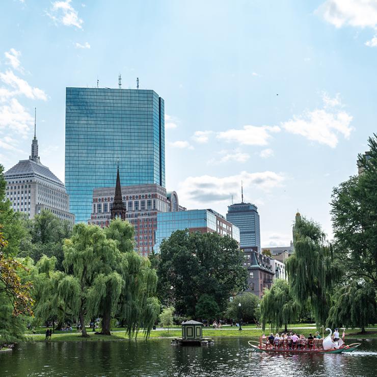 A photo of the public gardens in the Boston Common in the summer with people riding the swan boats.