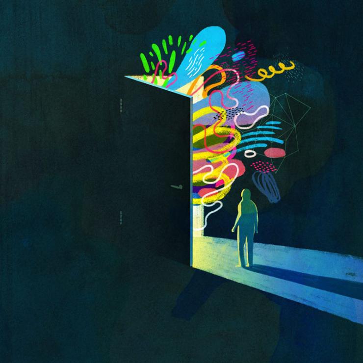 Illustration of abstract artistic shapes Coming Through an illuminated doorway with splashes color