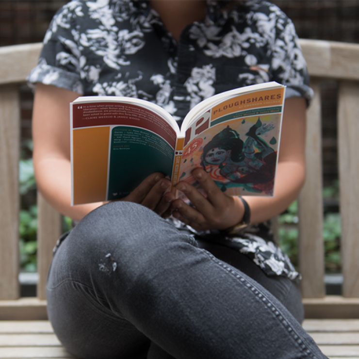 A student reads an issue of Ploughshares, the award-winning literary journal that has been based at Emerson since 1989.